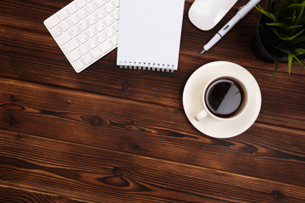 istock Office desk table with supplies. Flat lay Business workplace and objects. Top view. Copy space for text - Image 1141277906