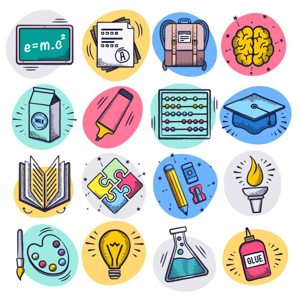 Teaching & Learning Online Liquid Doodle Style Vector Icon Set Teaching and learning online liquid doodle style outline symbols on color background. Vector icons set for infographics, mobile or web page designs. learning drawings stock illustrations