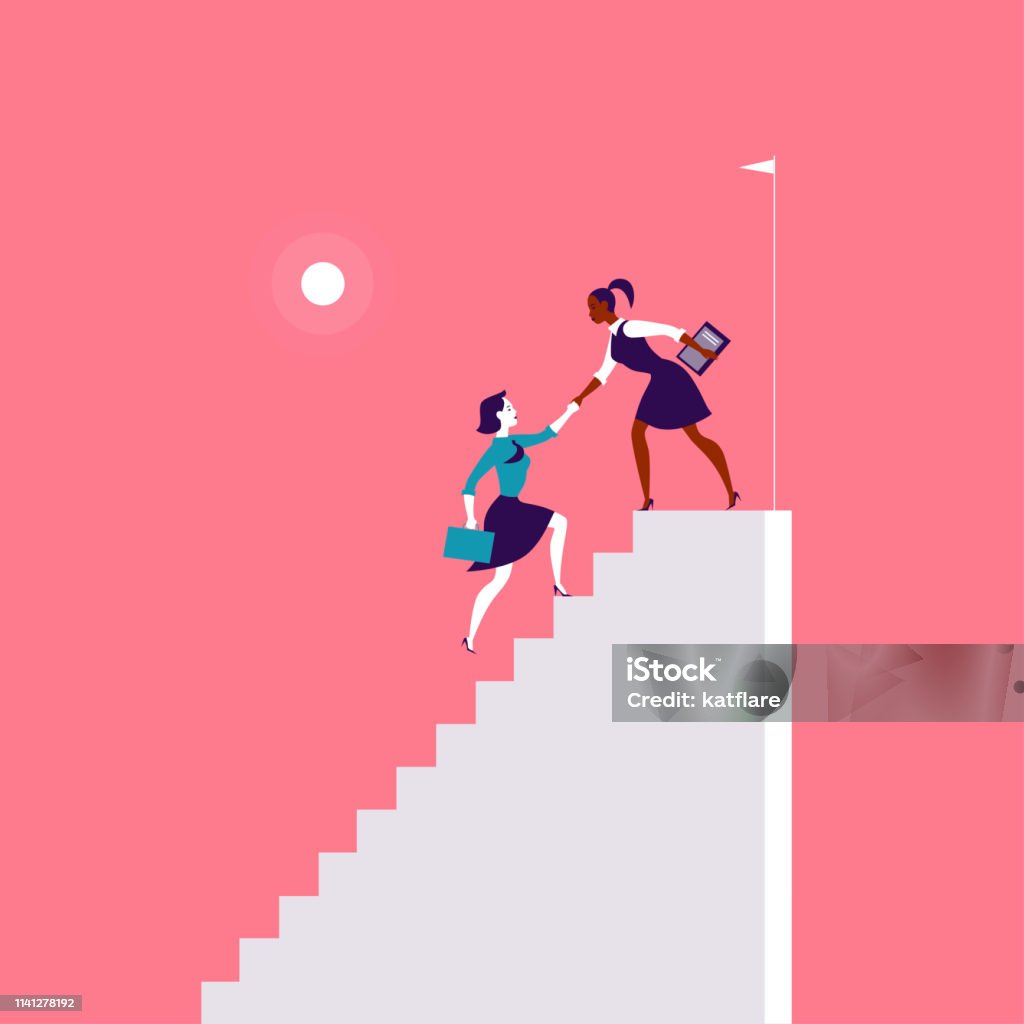 Illustrazione piatta con uomini d'affari che s salivano su scale bianche insieme su sfondo rosso. - arte vettoriale royalty-free di Donne