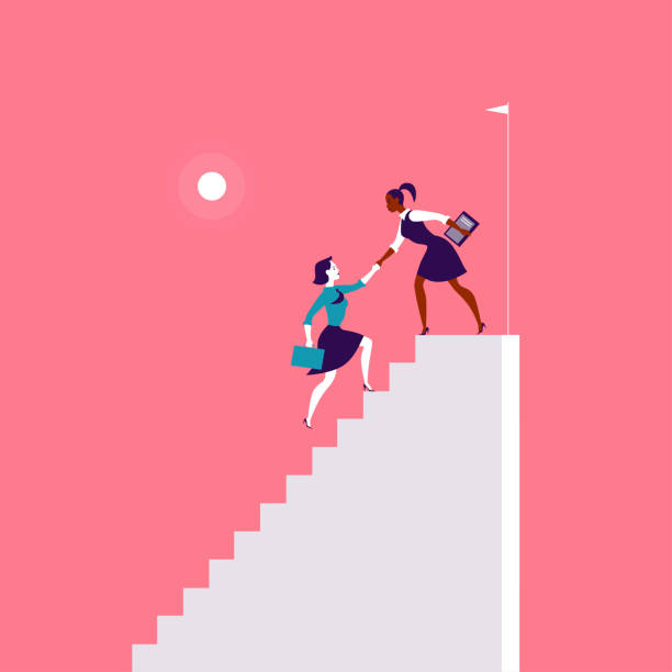 Flat illustration with business ladies climbing on top of white stairs together on red background. Flat illustration with business ladies climbing on top of white stairs together on red background. Victory, achievement, reaching aim, partnership, motivation, lady team, feminism - metaphor. steps illustrations stock illustrations
