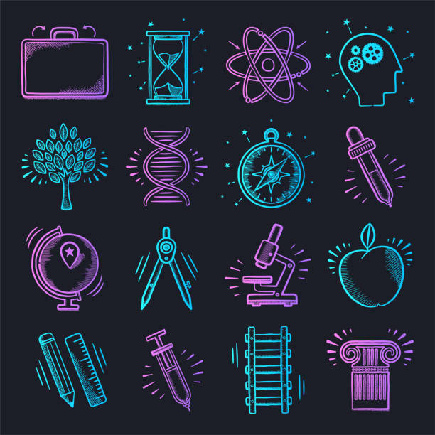 ilustrações, clipart, desenhos animados e ícones de laboratório de ciência aprendizagem neon doodle estilo vector icon set - microscope medical exam healthcare and medicine science