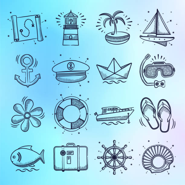 pauschalurlaub & sightseeing-touren doodle style vector icon set - nautical vessel yacht sign symbol stock-grafiken, -clipart, -cartoons und -symbole