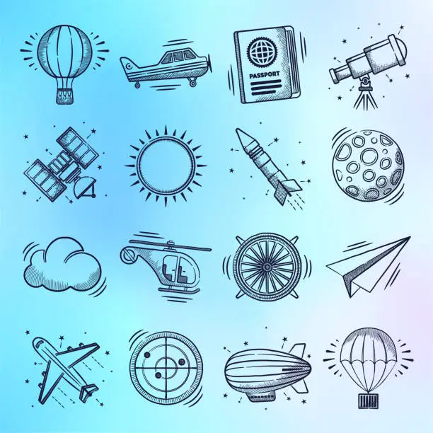 Vector illustration of Commercial Airline & Tourism Demand Doodle Style Vector Icon Set