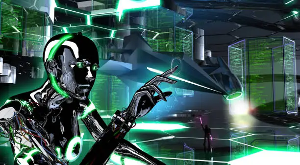 Soldier cyborg staff controls futuristic plane hangar for battle.