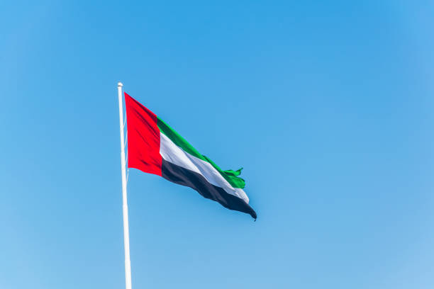 istock Emirates flag waving against clean blue sky 1141283213