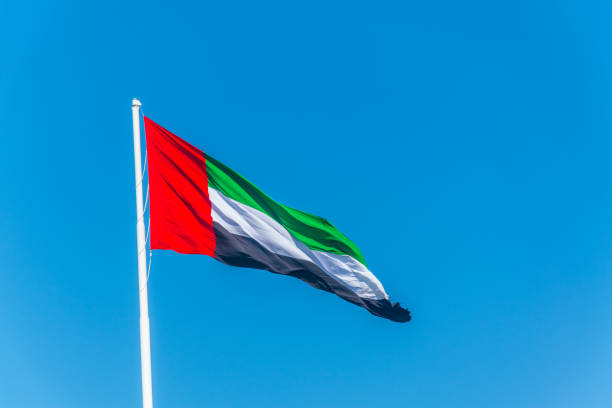 istock Emirates flag waving against clean blue sky 1141283325