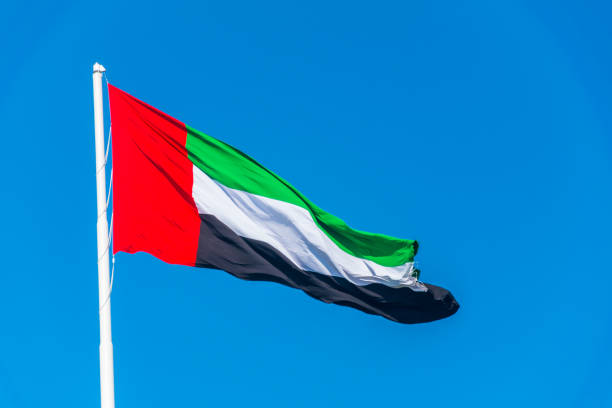istock Emirates flag waving against clean blue sky 1141283364