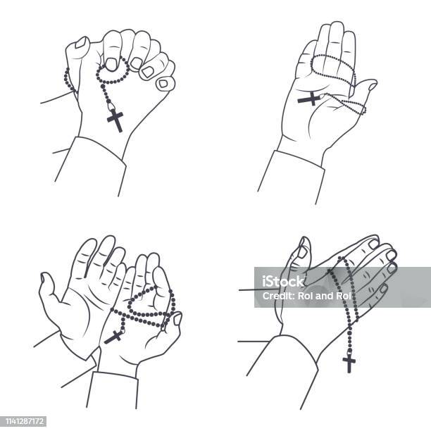 Praying Hands With Holy Rosary Beads Vector Line Icon Set Isolated On A White Background Stock Illustration - Download Image Now