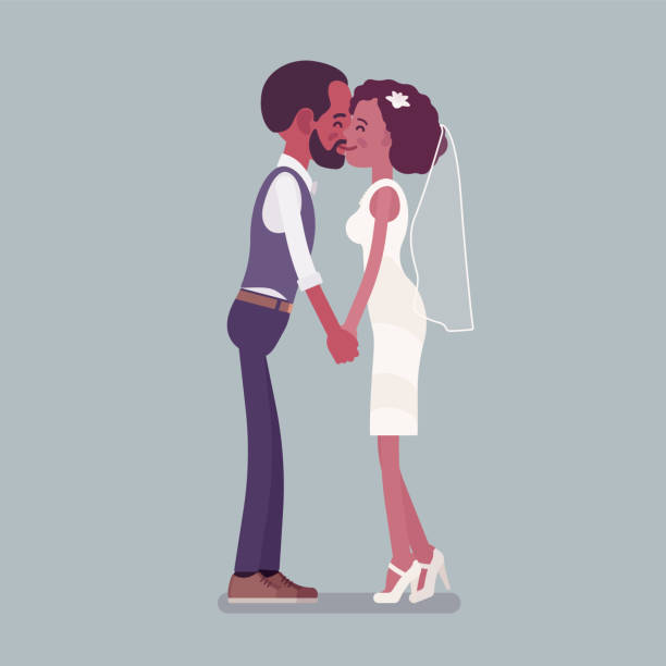 Bride and groom kissing on wedding ceremony Bride and groom kissing on wedding ceremony. African american man, woman in beautiful white dress on traditional celebration, married couple in love. Marriage customs, traditions. Vector illustration african bride and groom stock illustrations