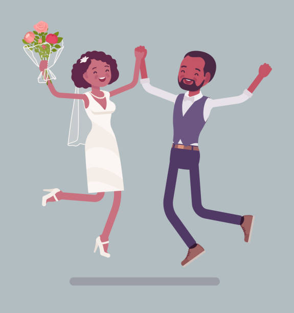 Bride and groom happy jump on wedding ceremony Bride and groom happy jump on wedding ceremony. African american man, woman in beautiful dress on traditional celebration, married couple in love. Marriage customs and traditions. Vector illustration african bride and groom stock illustrations