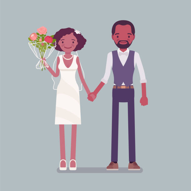 Happy bride, groom holding hands on wedding ceremony Happy bride, groom holding hands on wedding ceremony. African american man, woman in beautiful dress, traditional celebration, married couple in love. Marriage customs, traditions. Vector illustration african bride and groom stock illustrations