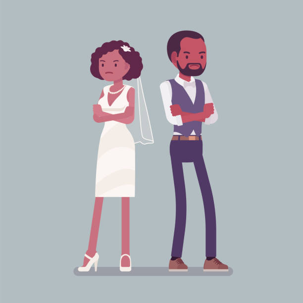 Angry offended bride, groom on wedding ceremony Angry offended bride, groom on wedding ceremony. Unhappy African american man, woman in beautiful dress, traditional celebration, sad married couple. Marriage customs, traditions. Vector illustration african bride and groom stock illustrations