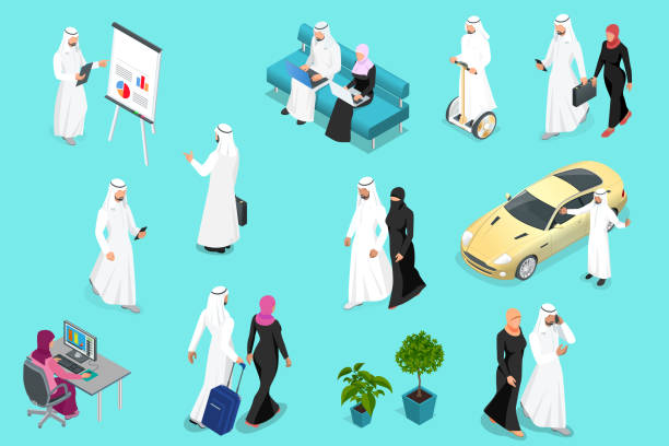 ilustrações, clipart, desenhos animados e ícones de isometirc saudi businessmens. jogo árabe do caráter do homem e da mulher. homem de negócios muçulmano com os dispositivos isolados ilustração do vetor. - kaffiyeh