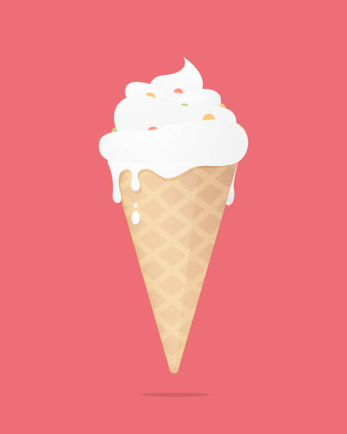 Vector illustration of ice cream is on a red background. Melting Ice Cream in a Waffle Cone. Vector illustration is isolated on a light-red background. vanilla ice cream stock illustrations