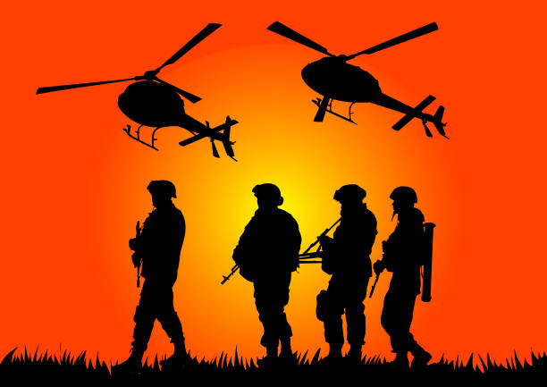 Soldiers and helicopter Soldier in uniform with weapon and helicopter infantry stock illustrations