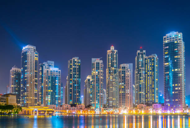 istock Night view over the burj khalifa lake, UAE 1141289007