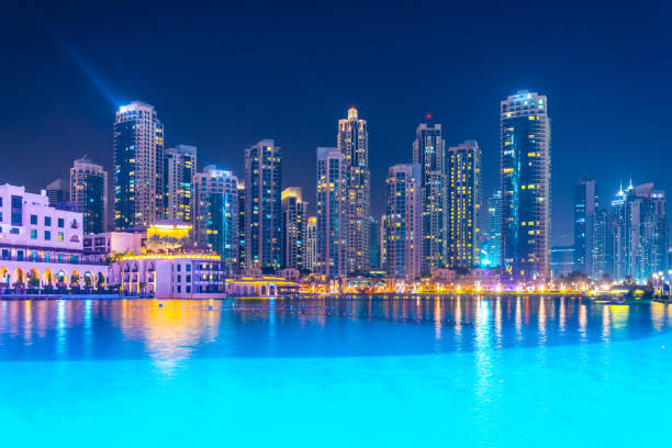 istock Night view over the burj khalifa lake, UAE 1141289135