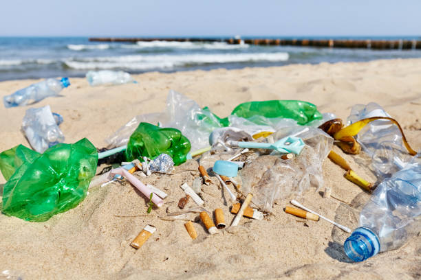 Plastic bottle cap among other single use products and cigarette butts.