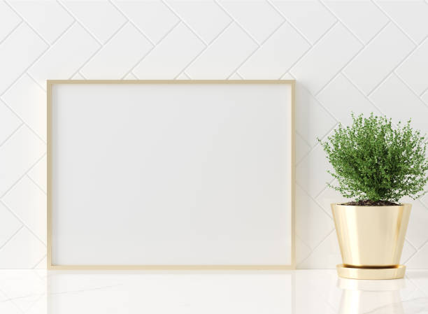 Mock up poster frame close-up in kitchen interior, American style