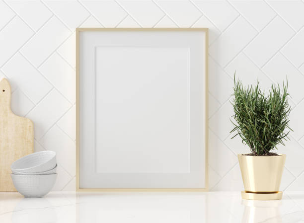 istock Mock up poster frame close-up in kitchen interior, American style 1141289874