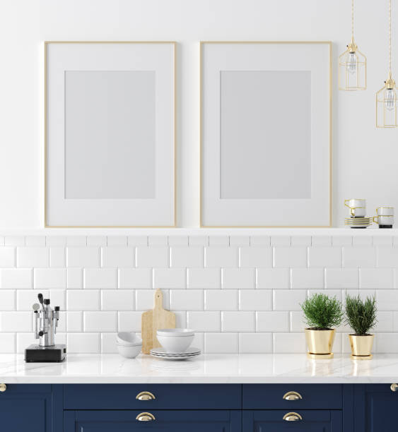 istock Mock up poster frame close-up in kitchen interior, American style 1141289900