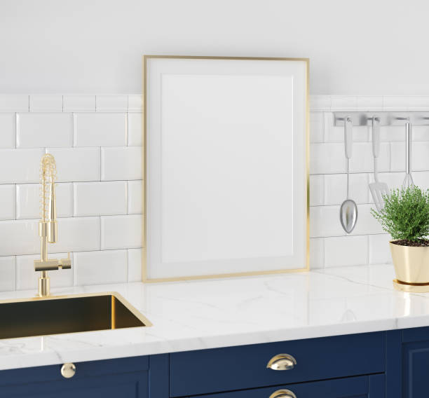 istock Mock up poster frame close-up in kitchen interior, American style 1141289903