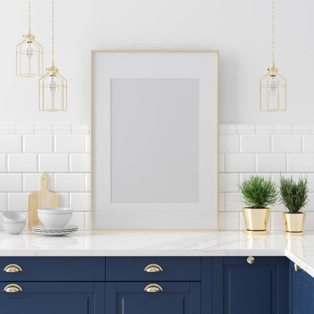 istock Mock up poster frame close-up in kitchen interior, American style 1141289906