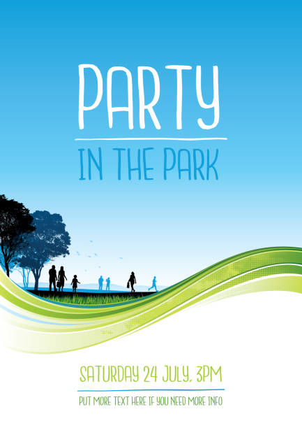 ilustraciones, imágenes clip art, dibujos animados e iconos de stock de fiesta en el cartel del parque - tree silhouette meadow horizon over land