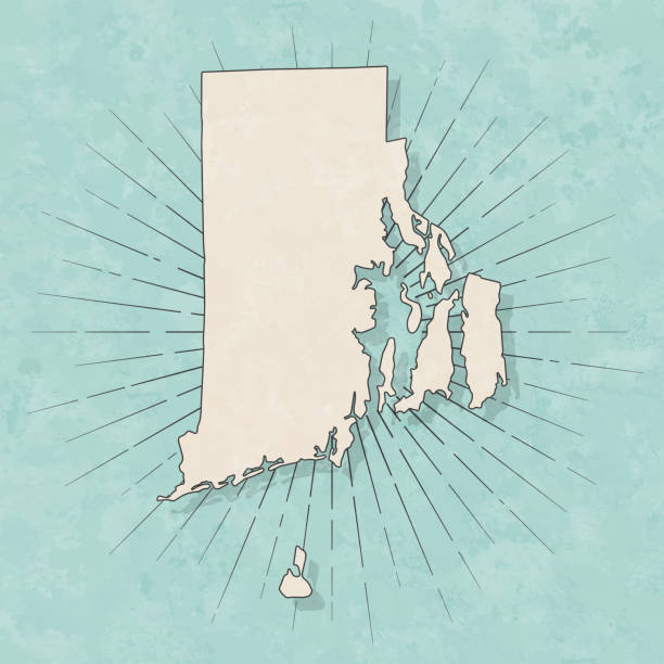 Rhode Island map in retro vintage style - Old textured paper Map of Rhode Island in a trendy vintage style. Beautiful retro illustration with old textured paper and light rays in the background (colors used: blue, green, beige and black for the outline). Vector Illustration (EPS10, well layered and grouped). Easy to edit, manipulate, resize or colorize. providence stock illustrations