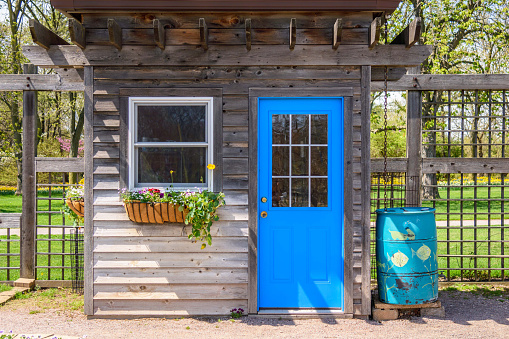Rustic garden shed with bright blue door, rain barrel and flowers in window box