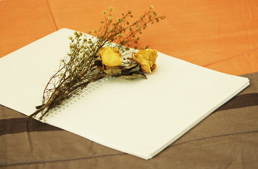 Photo concept of an open  note book with dried flowers arrangement. Cool dark and light brown color background. Space for conceptual text design or nice quote.