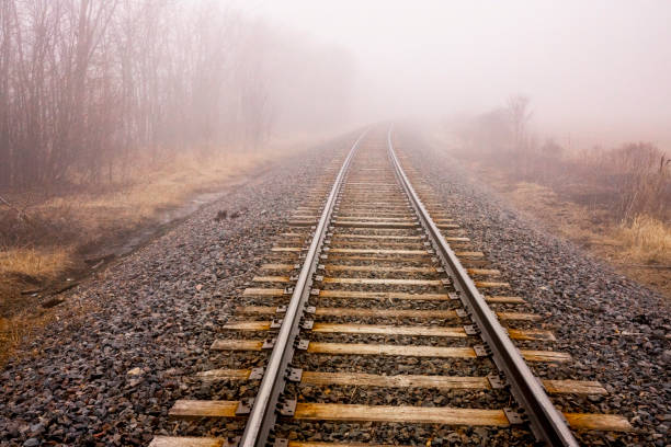 night train railway lights through the fog dark