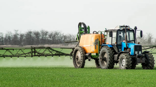 Tractor with a spray device for finely dispersed fertilizer. Tractor with high wheels is making fertilizer on young wheat. The use of finely dispersed spray chemicals. Tractor with a spray device for finely dispersed fertilizer. finely stock pictures, royalty-free photos & images