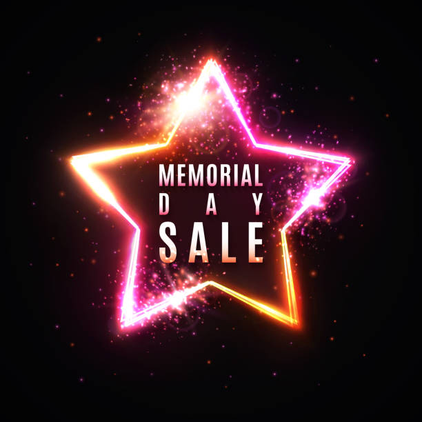 Memorial day sale banner. Realistic 3d glowing star frame on dark red background. Bright vector illustration. EPS 10 Memorial day sale banner. Realistic 3d glowing star frame on dark red background. Bright vector illustration. EPS 10 memorial day weekend stock illustrations