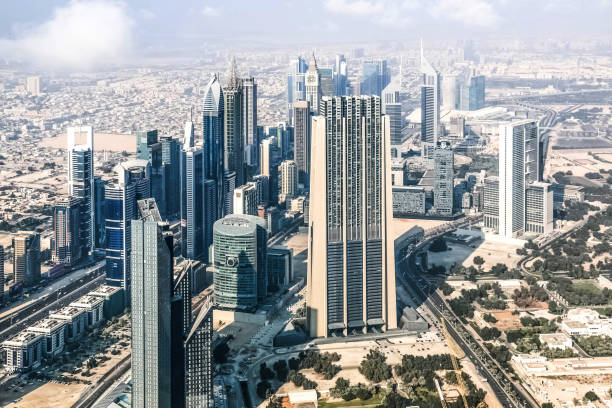 Aerial view of Dubai Skyline, Amazing Rooftop view of Dubai Sheikh Zayed Road Residential and Business Skyscrapers in Downtown Dubai, United Arab Emirates stock photo