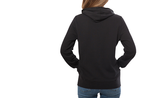 young girl in black sweatshirt, black hoodies rear view isolated on white background. mock up