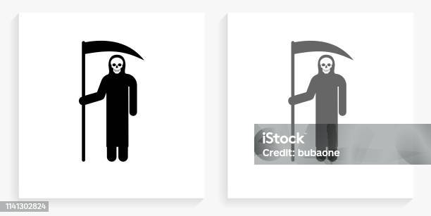 Grim Reaper Holding Scythe Black And White Square Icon Stock Illustration - Download Image Now