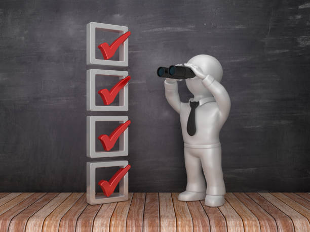 istock 3D Check List with Business Character with Binoculars on Chalkboard Background - 3D Rendering 1141302865