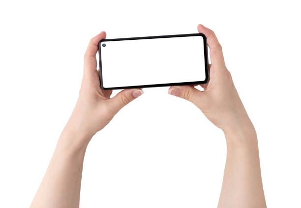 istock Smartphone with a blank white screen. New popular smartphone in hands on white background. 1141304047