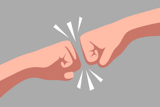 Conflict of interest and opposition of opinions Two fists are opposite each other. Conflict of interest and opposition of opinions aggression illustrations stock illustrations