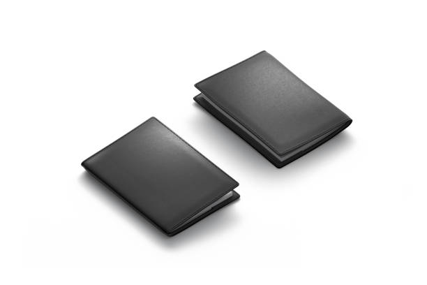 Blank black passport cover mockup, isolated, front and back side, 3d rendering. Empty envelope or cardholder mock up, side view. Clear leather sketchpad for security document template.
