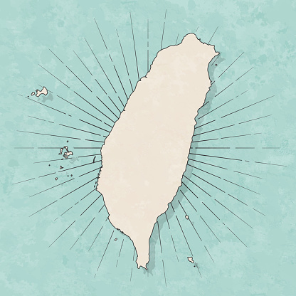 Map of Taiwan in a trendy vintage style. Beautiful retro illustration with old textured paper and light rays in the background (colors used: blue, green, beige and black for the outline). Vector Illustration (EPS10, well layered and grouped). Easy to edit, manipulate, resize or colorize.