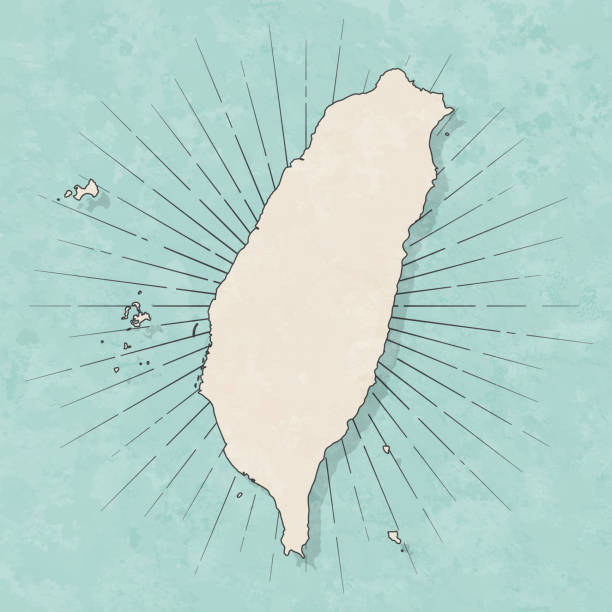 Taiwan map in retro vintage style - Old textured paper Map of Taiwan in a trendy vintage style. Beautiful retro illustration with old textured paper and light rays in the background (colors used: blue, green, beige and black for the outline). Vector Illustration (EPS10, well layered and grouped). Easy to edit, manipulate, resize or colorize. taiwan stock illustrations