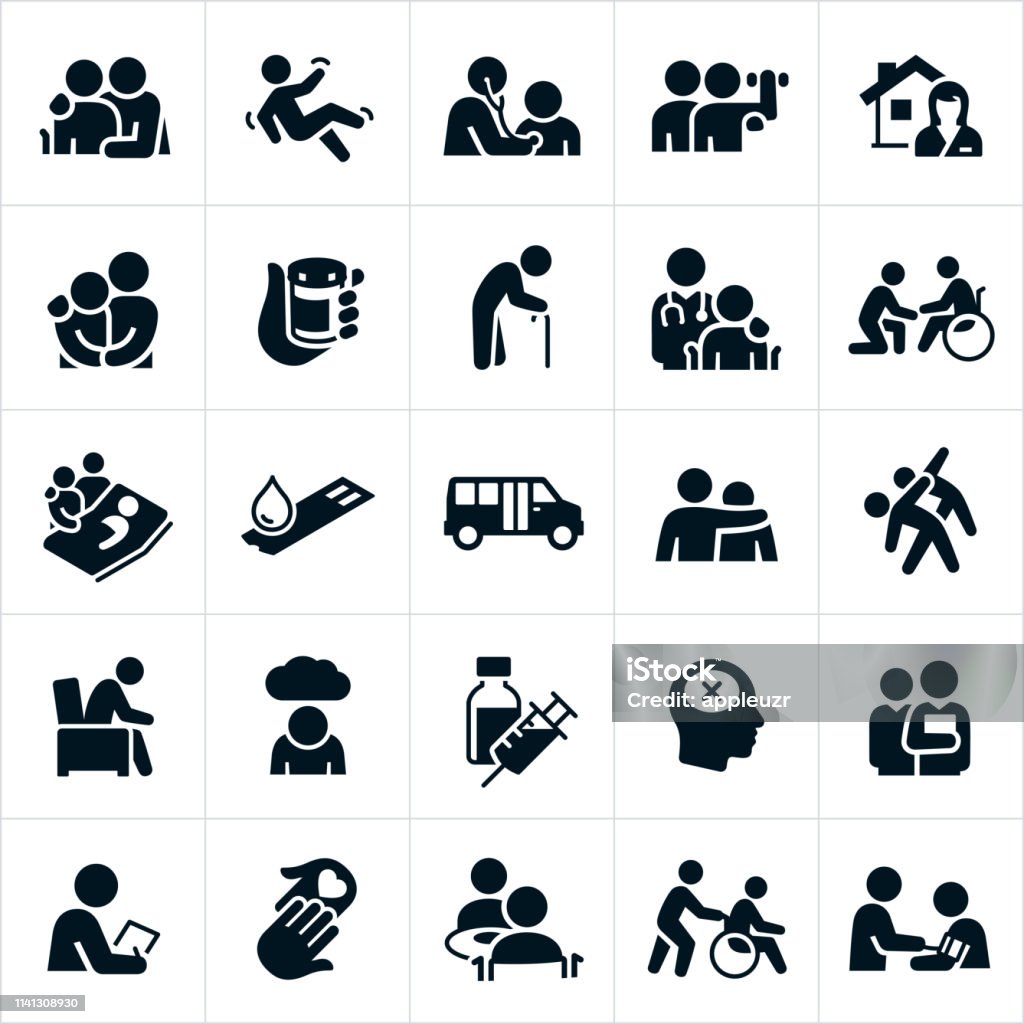 Geriatrics Icons A set of geriatrics icons. The icons include elderly people, elderly patients, physicians, doctors, medication, elderly person with cane, person falling, rehabilitation services, home health services, person in a wheelchair, elderly patient in a hospital bed, diabetes, elderly fitness, depression, mental illness, dementia, blood pressure check, medical check-up, love, care and other related concepts. Icon stock vector