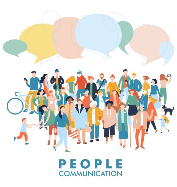 Modern multicultural society communication concept with crowd of people Group of different people in community with speech bubbles isolated on white background age contrast stock illustrations