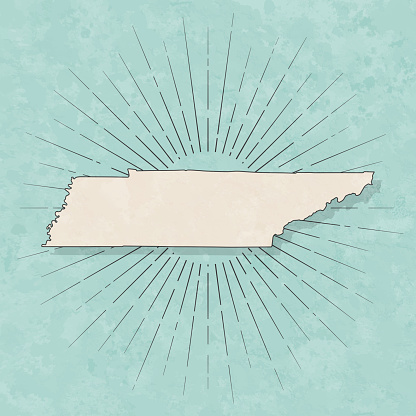 Map of Tennessee in a trendy vintage style. Beautiful retro illustration with old textured paper and light rays in the background (colors used: blue, green, beige and black for the outline). Vector Illustration (EPS10, well layered and grouped). Easy to edit, manipulate, resize or colorize.