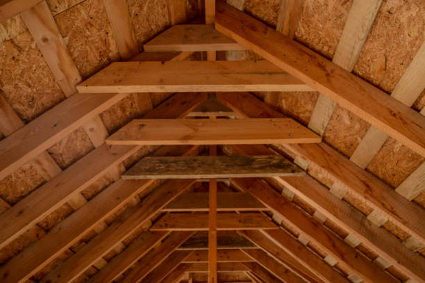 Wooden roof with beams
