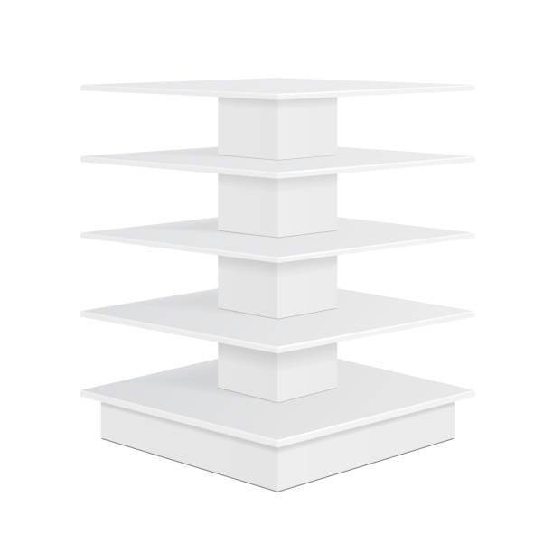 istock White Square POS POI Cardboard Floor Display Rack For Supermarket Blank Empty Displays With Shelves Products On White Background Isolated. Ready For Your Design. Product Packing. Vector EPS10 1141310952
