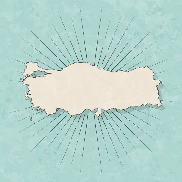 Turkey map in retro vintage style - Old textured paper Map of Turkey in a trendy vintage style. Beautiful retro illustration with old textured paper and light rays in the background (colors used: blue, green, beige and black for the outline). Vector Illustration (EPS10, well layered and grouped). Easy to edit, manipulate, resize or colorize. türkiye country stock illustrations