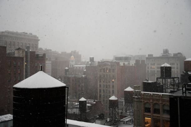 istock Snow falling on Water Towers 1141312940